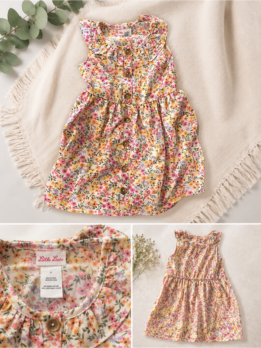Little Lass Pink, Yellow & Green Floral Button-Front Dress